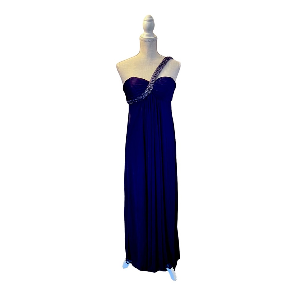 Cach’e Beaded One shoulder empire Gown in Purple
